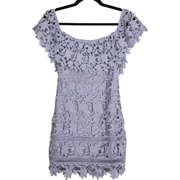 ASTR The Label Lilac Crochet Lace Off Shoulder Mini Dress (S) - Picture 2 of 11